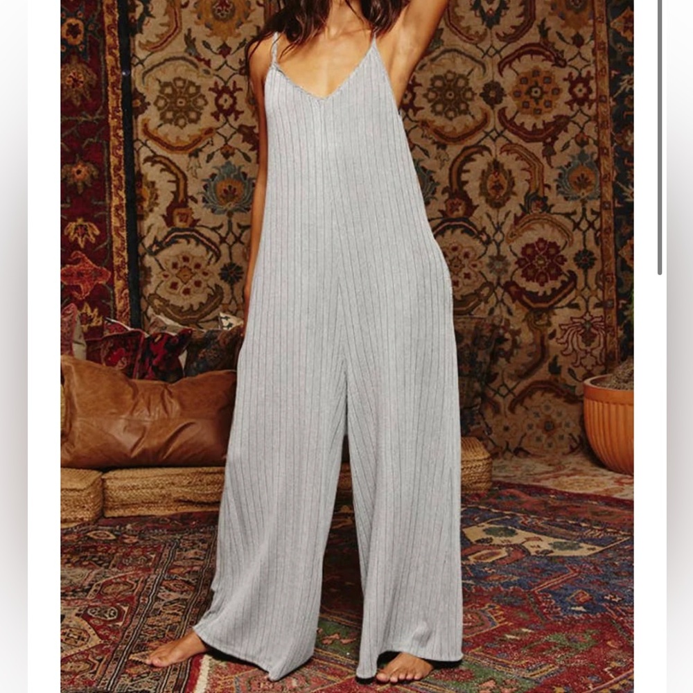 Comfortable and Fashionable Boho Wide Leg Solid Ribbed Knit Jumpsuit New